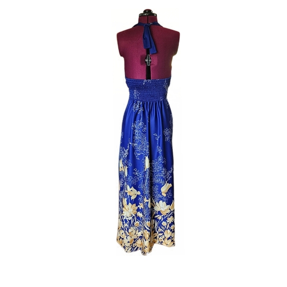 Nani Of Hawaii Vintage Elegant Blue and Cream Floral Maxi Halter Dress - Picture 5 of 15